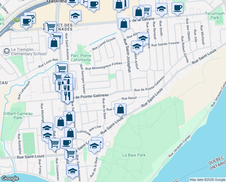 map of restaurants, bars, coffee shops, grocery stores, and more near 355 Rue de Pointe-Gatineau in Gatineau