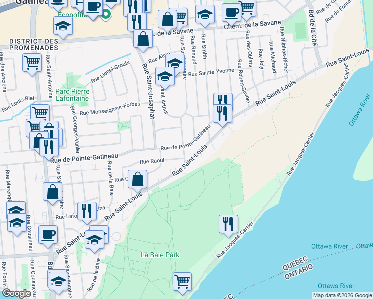 map of restaurants, bars, coffee shops, grocery stores, and more near 15 Rue Saint-Rosaire in Gatineau