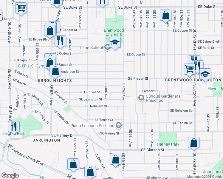 map of restaurants, bars, coffee shops, grocery stores, and more near 6039 Southeast Lambert Street in Portland