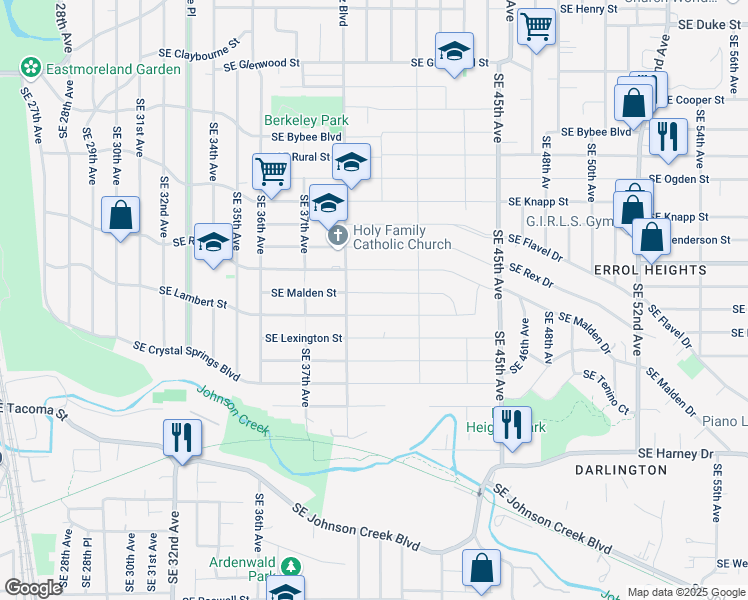 map of restaurants, bars, coffee shops, grocery stores, and more near 3923 Southeast Malden Street in Portland