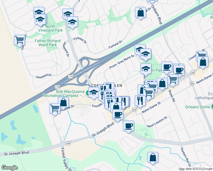 map of restaurants, bars, coffee shops, grocery stores, and more near in Ottawa