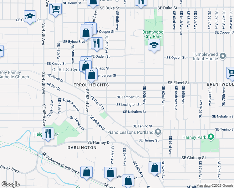 map of restaurants, bars, coffee shops, grocery stores, and more near 5605 Southeast Malden Street in Portland