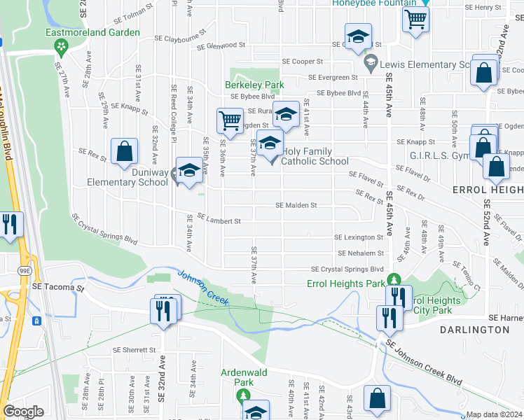 map of restaurants, bars, coffee shops, grocery stores, and more near 3724 Southeast Malden Street in Portland