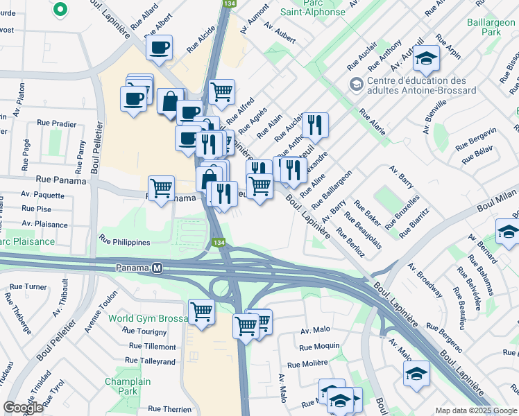 map of restaurants, bars, coffee shops, grocery stores, and more near 6300 Avenue Auteuil in Brossard
