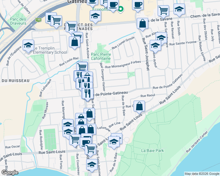 map of restaurants, bars, coffee shops, grocery stores, and more near 5 Rue de Ville-Marie in Gatineau