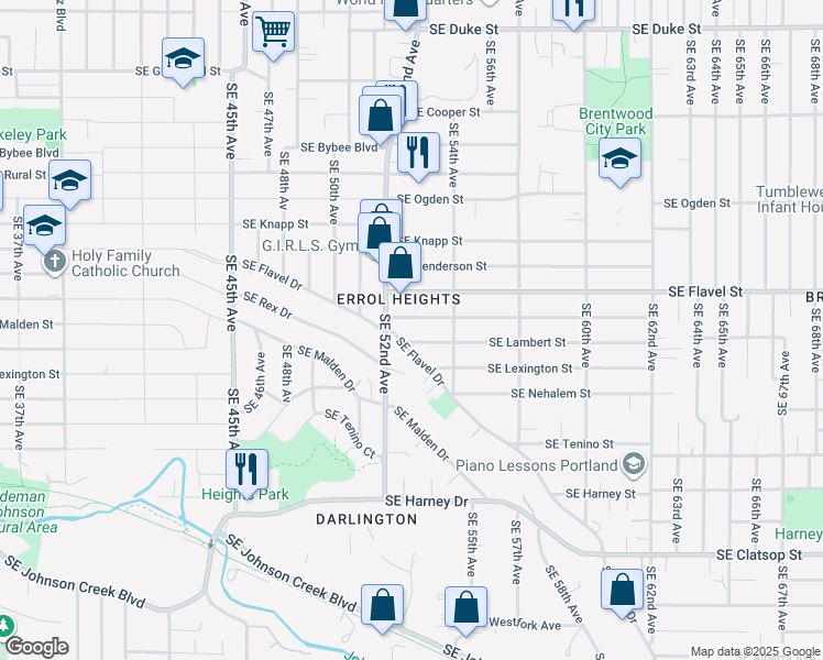 map of restaurants, bars, coffee shops, grocery stores, and more near 5235 Southeast Lambert Street in Portland