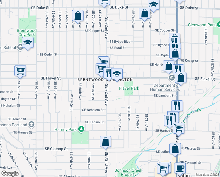 map of restaurants, bars, coffee shops, grocery stores, and more near 7614 Southeast 72nd Avenue in Portland