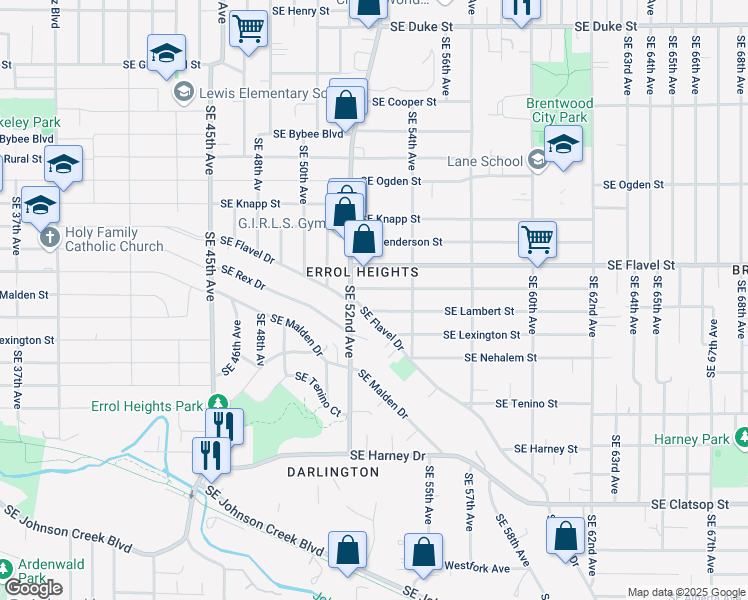 map of restaurants, bars, coffee shops, grocery stores, and more near 5309 Southeast Malden Street in Portland