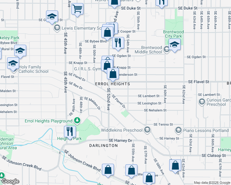 map of restaurants, bars, coffee shops, grocery stores, and more near 5235 Southeast Lambert Street in Portland