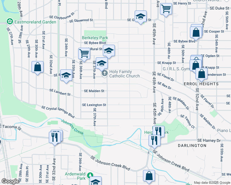 map of restaurants, bars, coffee shops, grocery stores, and more near 3923 Southeast Malden Street in Portland