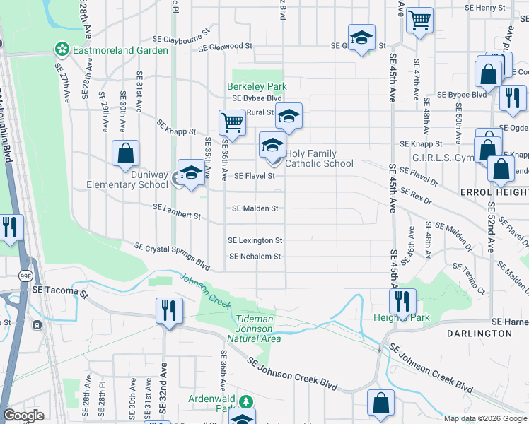 map of restaurants, bars, coffee shops, grocery stores, and more near 3805 Southeast Malden Street in Portland