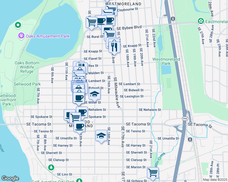 map of restaurants, bars, coffee shops, grocery stores, and more near 7834 Southeast 16th Avenue in Portland