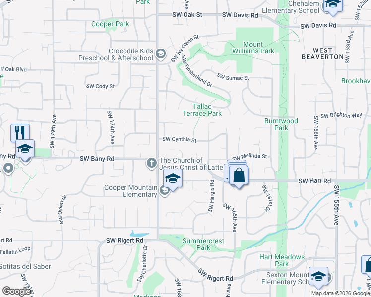 map of restaurants, bars, coffee shops, grocery stores, and more near 16838 Southwest Cynthia Street in Aloha