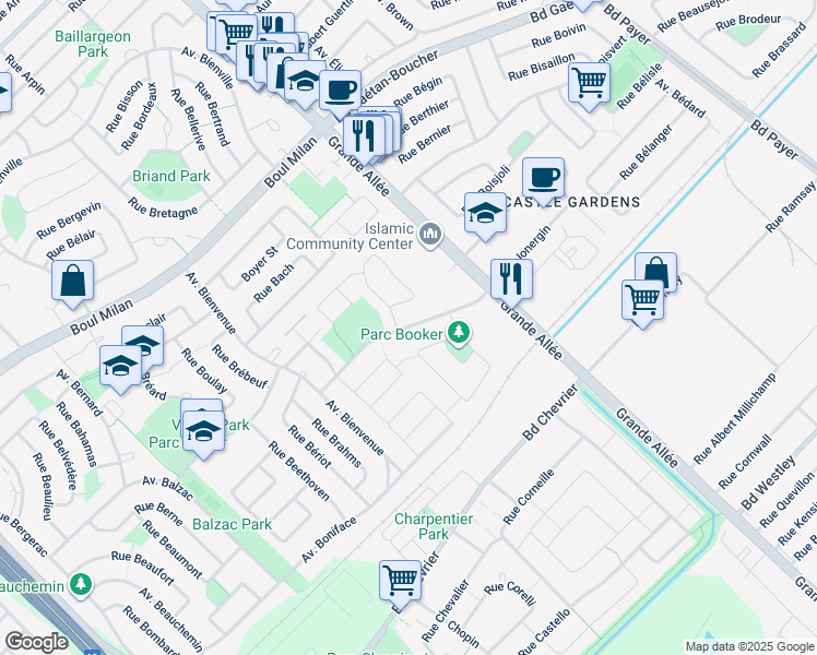 map of restaurants, bars, coffee shops, grocery stores, and more near 5665 Avenue Baudelaire in Brossard