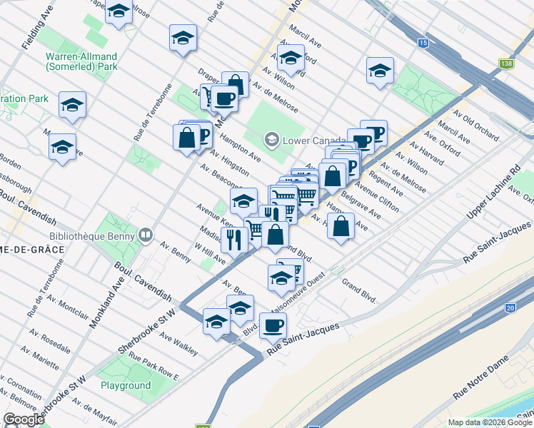 map of restaurants, bars, coffee shops, grocery stores, and more near 6160 Avenue Notre-Dame-de-Grâce in Montréal