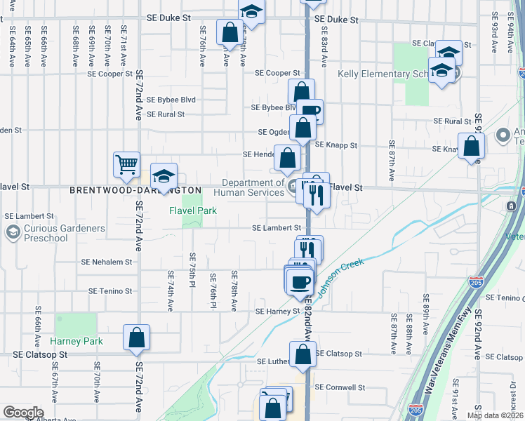 map of restaurants, bars, coffee shops, grocery stores, and more near 7931 Southeast Malden Court in Portland