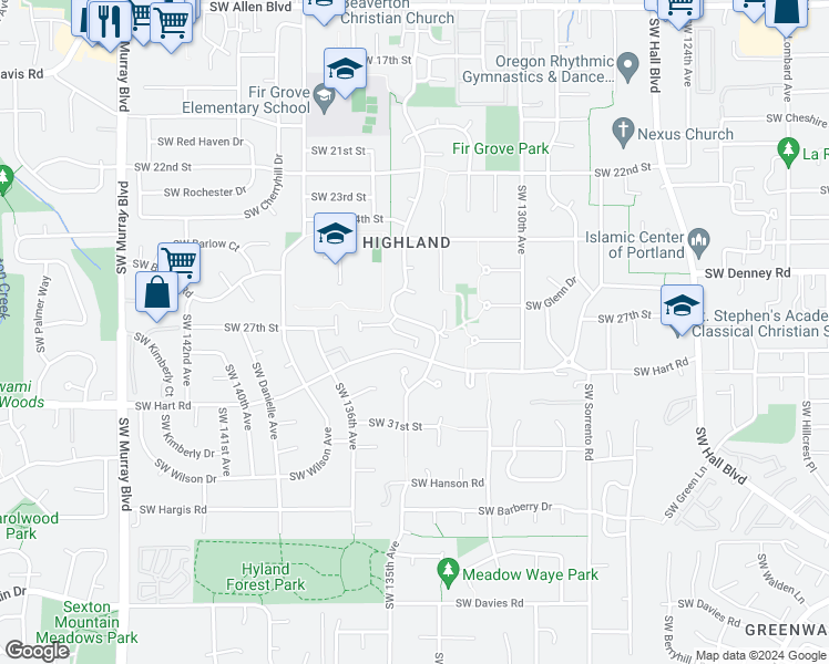 map of restaurants, bars, coffee shops, grocery stores, and more near 13455 Southwest Hyland Park Court in Beaverton