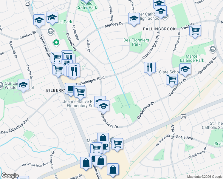map of restaurants, bars, coffee shops, grocery stores, and more near Pocono Crescent in Ottawa
