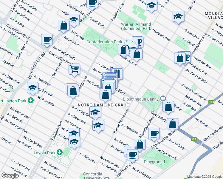 map of restaurants, bars, coffee shops, grocery stores, and more near 6525 Somerled Ave in Montreal