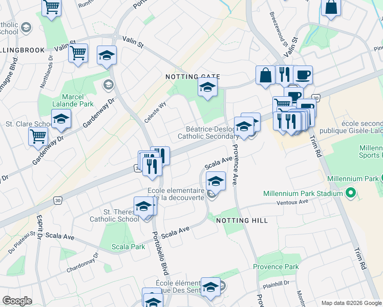 map of restaurants, bars, coffee shops, grocery stores, and more near 979 Markwick Crescent in Ottawa