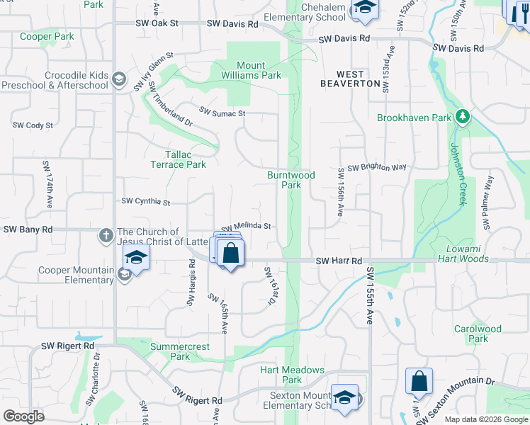 map of restaurants, bars, coffee shops, grocery stores, and more near 7222 Southwest 161st Place in Beaverton