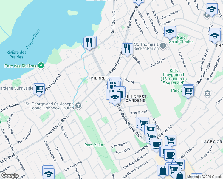 map of restaurants, bars, coffee shops, grocery stores, and more near 4933 Boulevard Saint-Charles in Montréal