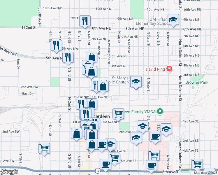 map of restaurants, bars, coffee shops, grocery stores, and more near 117 2nd Avenue Northwest in Aberdeen