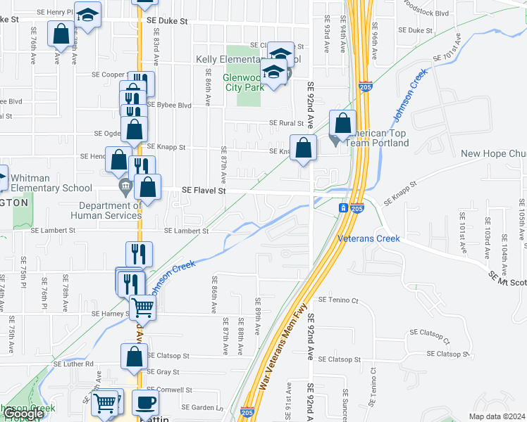 map of restaurants, bars, coffee shops, grocery stores, and more near 8932 Southeast Flavel Street in Portland