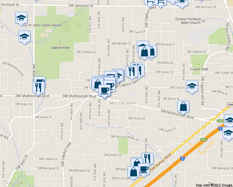map of restaurants, bars, coffee shops, grocery stores, and more near 7764 Southwest Capitol Highway in Portland