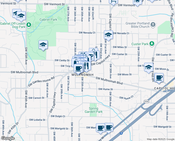 map of restaurants, bars, coffee shops, grocery stores, and more near 7764 Southwest Capitol Highway in Portland