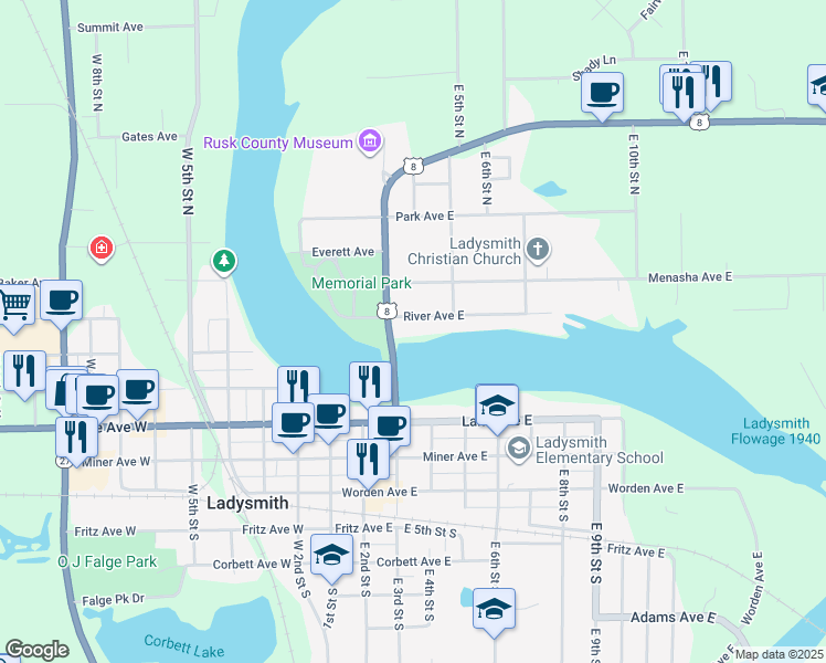 map of restaurants, bars, coffee shops, grocery stores, and more near 310 River Avenue East in Ladysmith