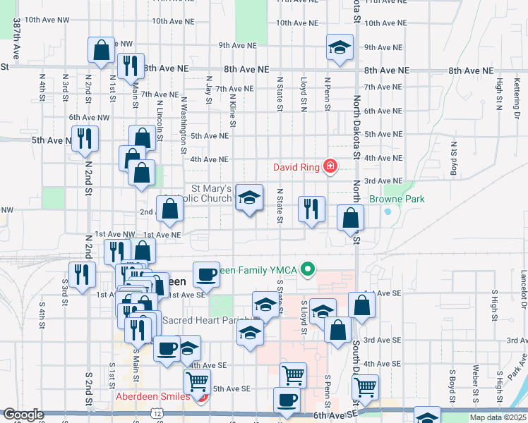 map of restaurants, bars, coffee shops, grocery stores, and more near 124 North Arch Street in Aberdeen