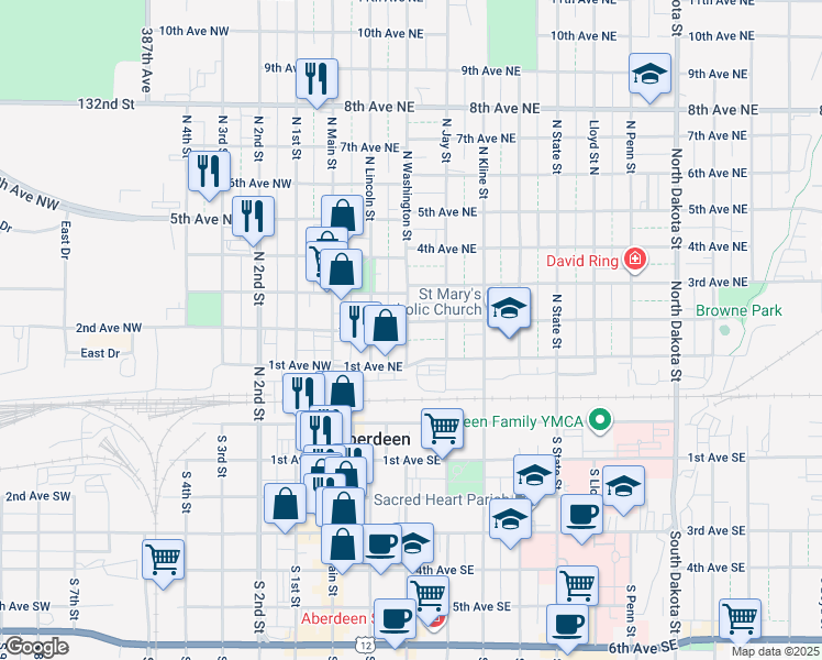 map of restaurants, bars, coffee shops, grocery stores, and more near 117 2nd Avenue Northwest in Aberdeen