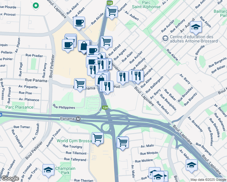 map of restaurants, bars, coffee shops, grocery stores, and more near in Brossard