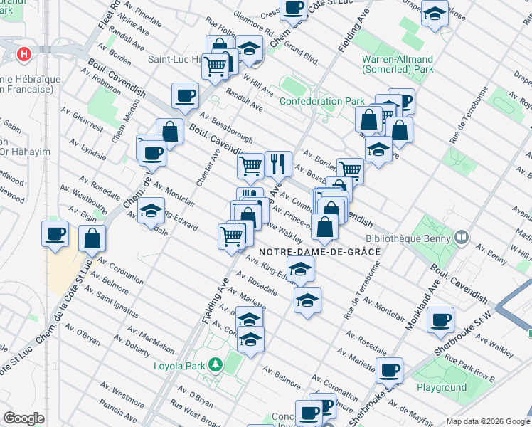 map of restaurants, bars, coffee shops, grocery stores, and more near 6640 Avenue Fielding in Montréal