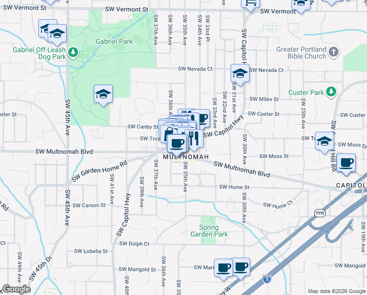 map of restaurants, bars, coffee shops, grocery stores, and more near 3535 Southwest Multnomah Boulevard in Portland