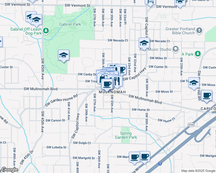 map of restaurants, bars, coffee shops, grocery stores, and more near 3535 Southwest Multnomah Boulevard in Portland