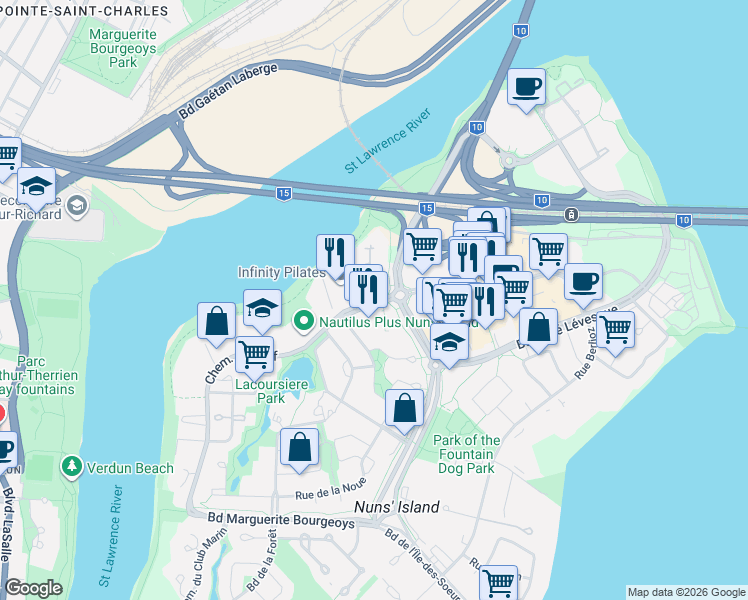 map of restaurants, bars, coffee shops, grocery stores, and more near 220 Chemin du Golf in Montreal