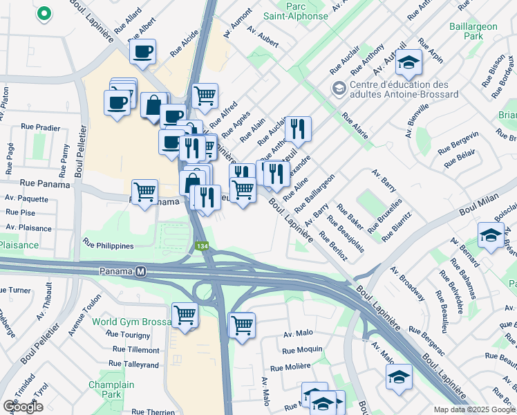 map of restaurants, bars, coffee shops, grocery stores, and more near 6300 Avenue Auteuil in Brossard