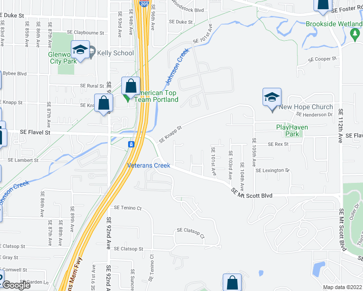 map of restaurants, bars, coffee shops, grocery stores, and more near SE Rex Ct in Portland