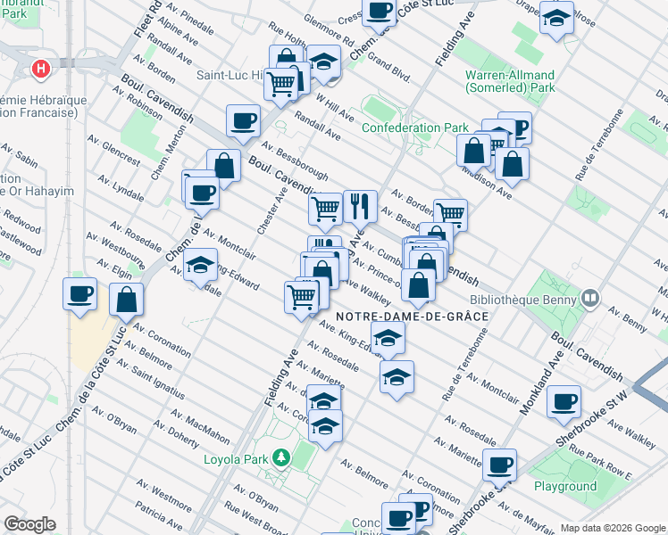 map of restaurants, bars, coffee shops, grocery stores, and more near 6645 Avenue Fielding in Montréal