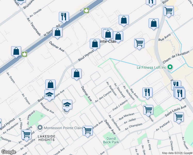 map of restaurants, bars, coffee shops, grocery stores, and more near 369 Avenue Raimbault in Pointe-Claire