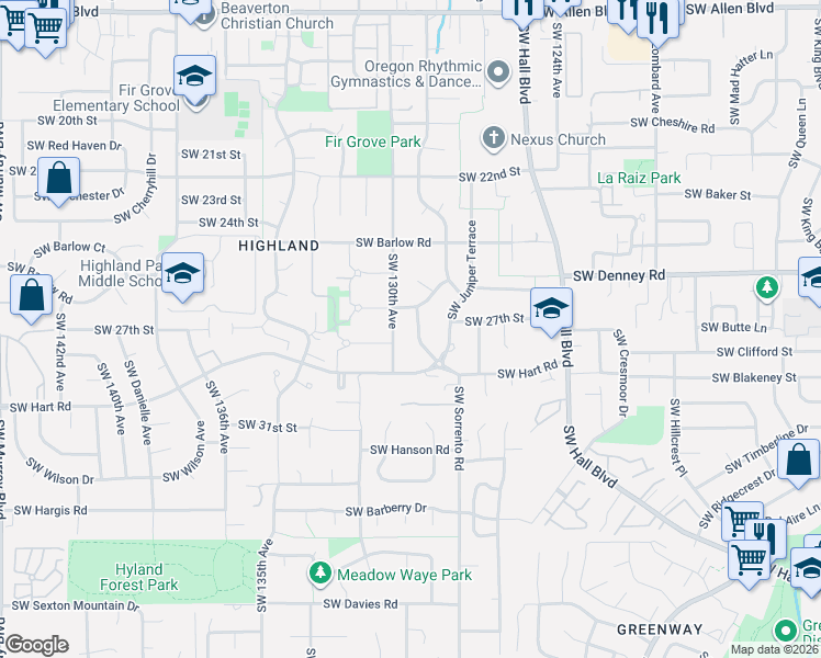 map of restaurants, bars, coffee shops, grocery stores, and more near 7165 Southwest Sorrento Road in Beaverton
