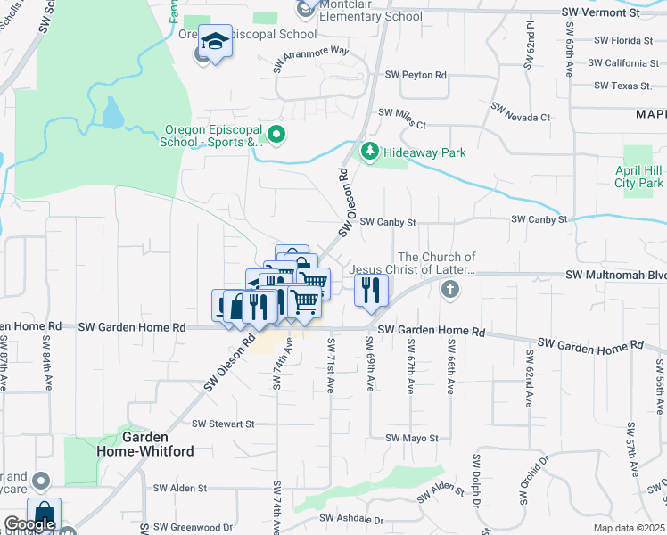 map of restaurants, bars, coffee shops, grocery stores, and more near 7164 Southwest Oleson Road in Portland