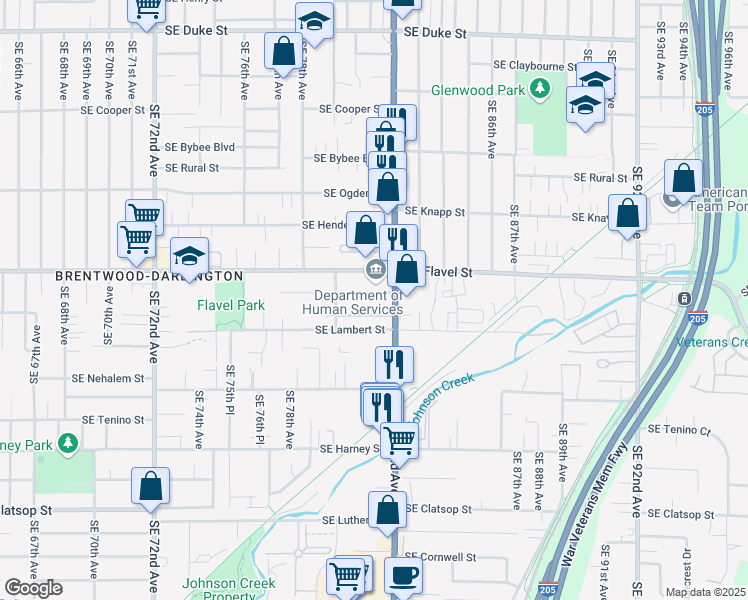 map of restaurants, bars, coffee shops, grocery stores, and more near 8120 Southeast Malden Street in Portland