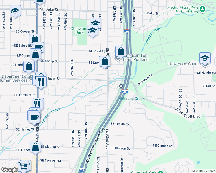 map of restaurants, bars, coffee shops, grocery stores, and more near 7823 Southeast 92nd Avenue in Portland