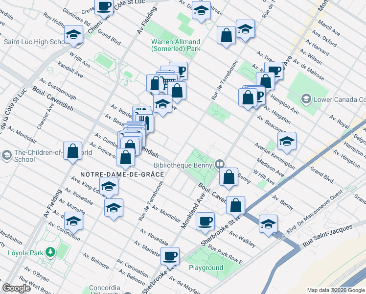 map of restaurants, bars, coffee shops, grocery stores, and more near Rue de Terrebonne in Montreal