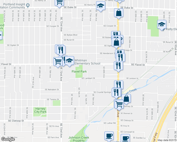 map of restaurants, bars, coffee shops, grocery stores, and more near 7706 Southeast 76th Place in Portland
