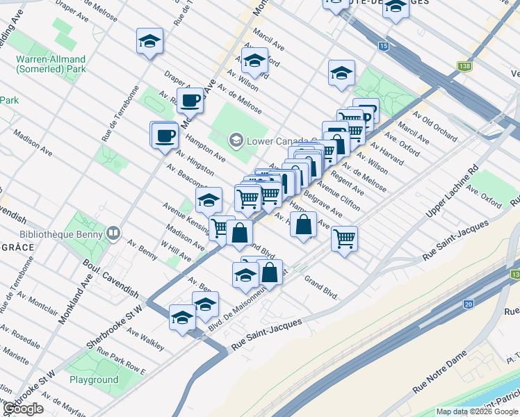 map of restaurants, bars, coffee shops, grocery stores, and more near 3410 Avenue Hingston in Montréal