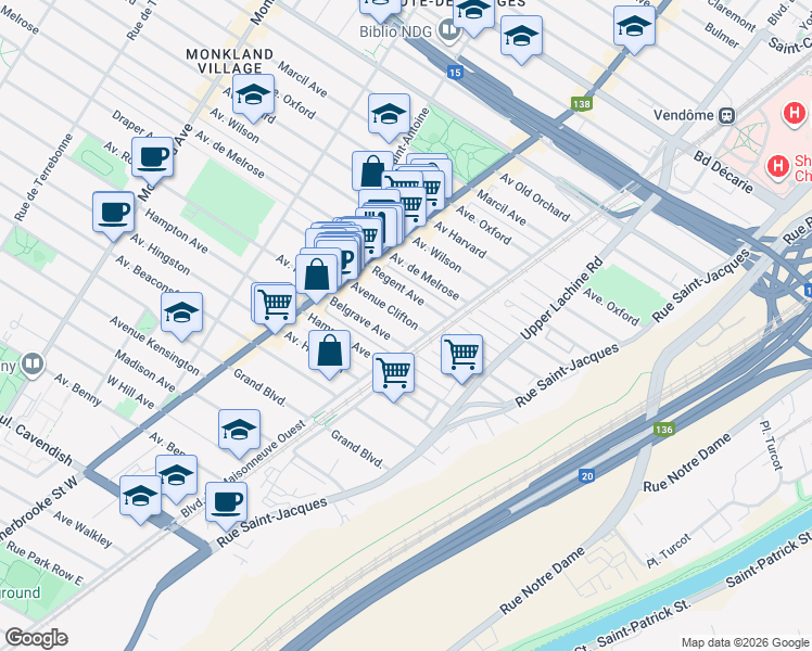 map of restaurants, bars, coffee shops, grocery stores, and more near 2222 Avenue de Clifton in Montréal